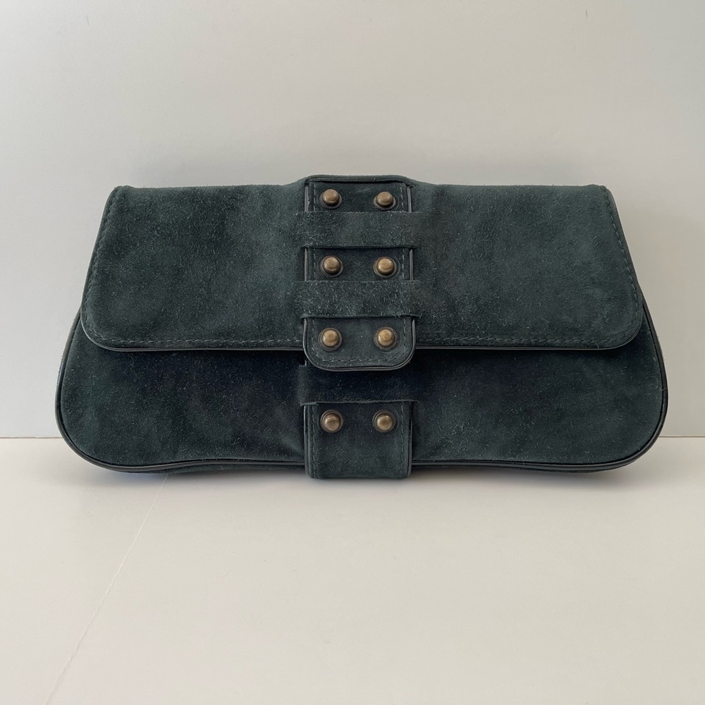 Kale Weyman Clutch Bag Handbag Dark Green Suede Studded Bronze Hardware Y2K